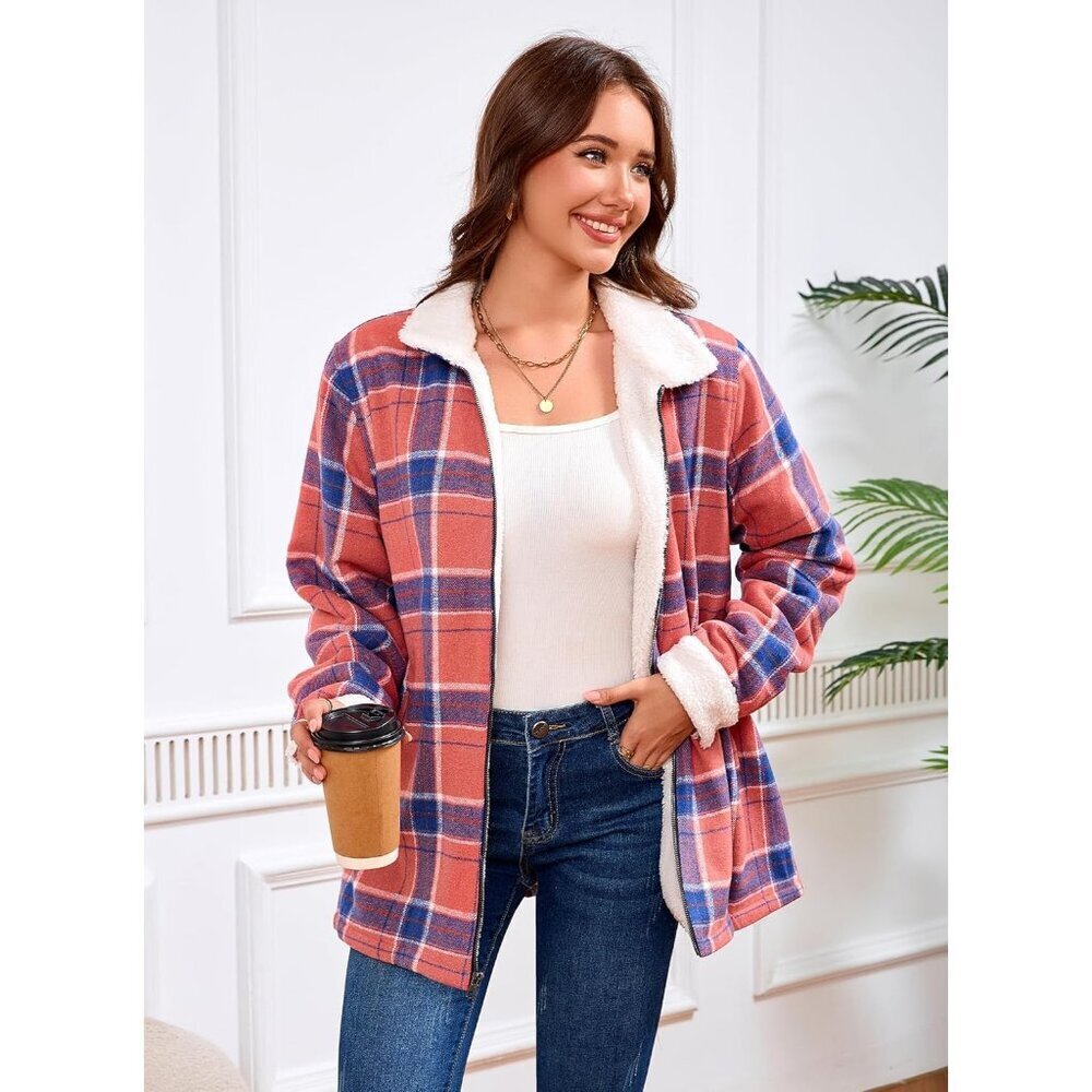 Women's Lined Red/Blue Fleece Flannel Collar Vest Shirt Jackets Zip Closures - Picture 6 of 7